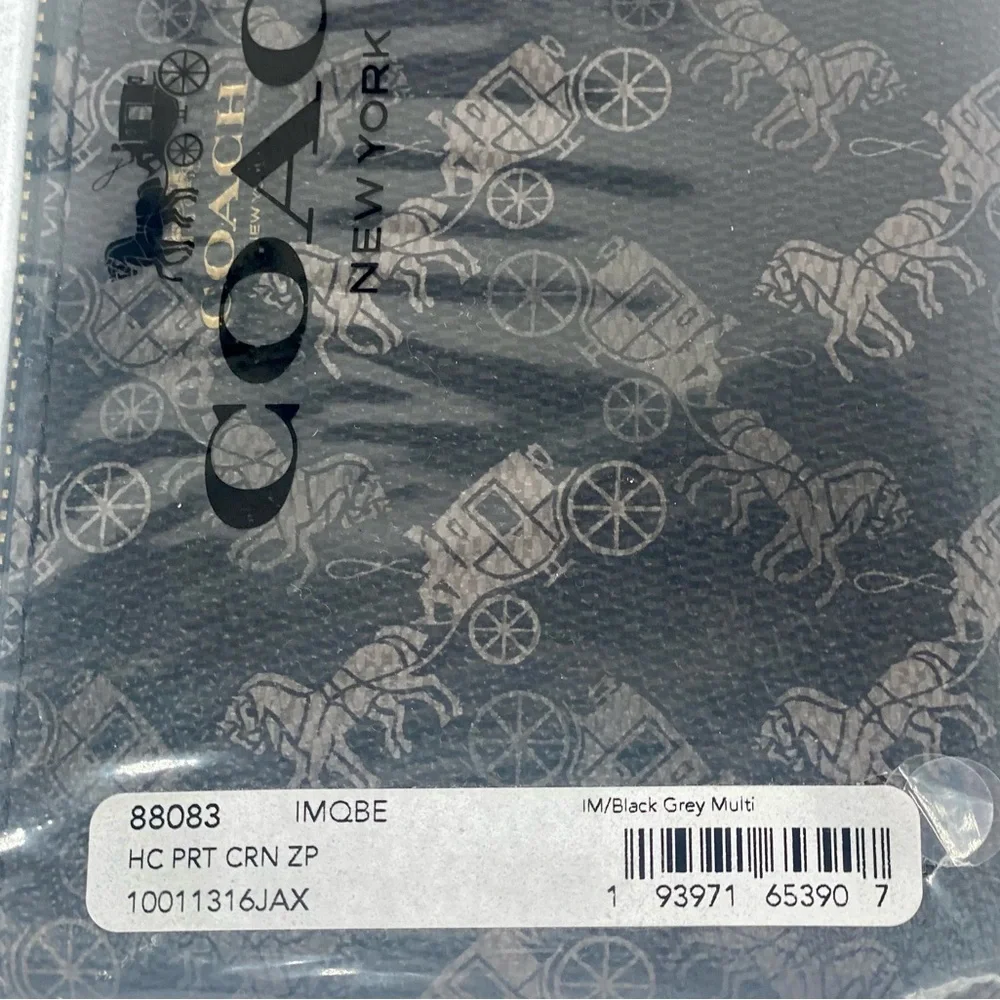 Coach Corner Zip Wristlet Wallet with Horse & Carriage Print Black Grey